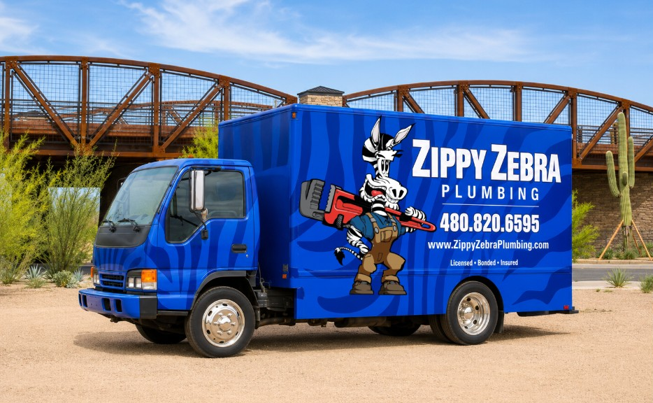 Zippy Zebra Plumbing service van with zebra mascot wrap — Mesa and East Valley